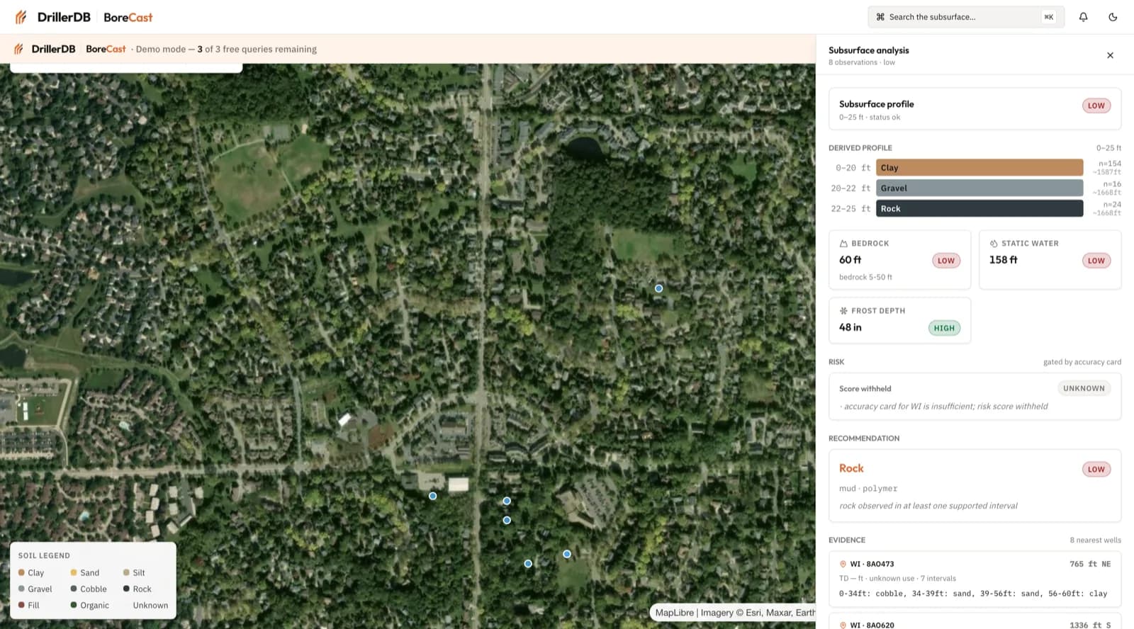 BoreCast point query showing eight nearest well observations, derived soil profile from 0 to 25 feet, bedrock and groundwater quick-stats, and provenance trail back to source well IDs.
